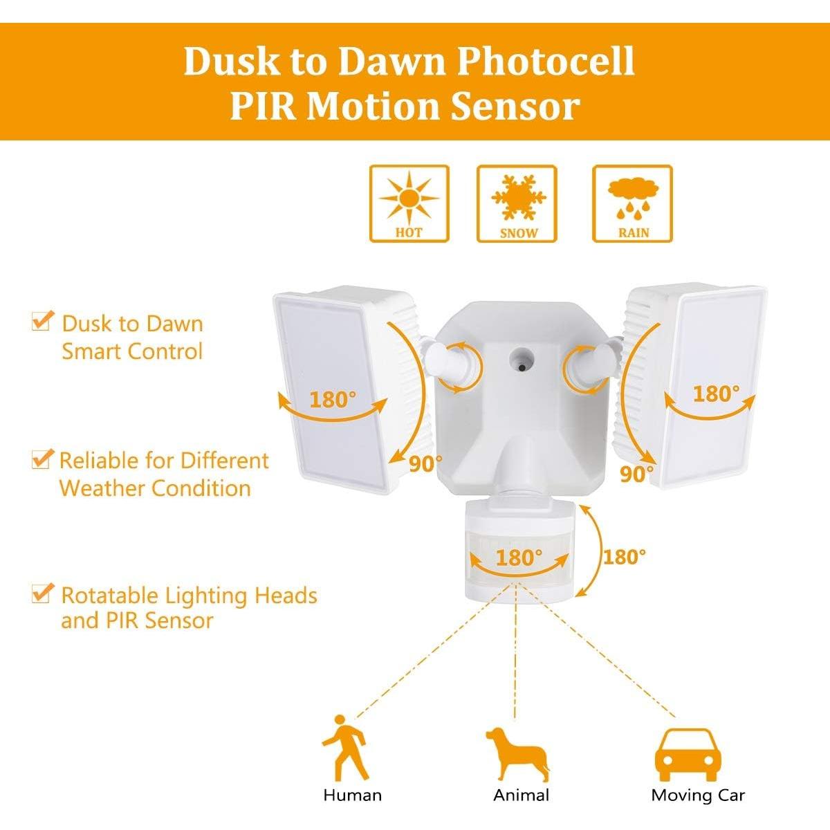 EMANER Dusk-to-Dawn Security Lights with Motion Sensor, 5000K IP65 Waterproof Outdoor, 280W Equiv. 110V 120V Dual-Head Rotatable LED Flood Light for Porch, Garage, Yard, Driveway