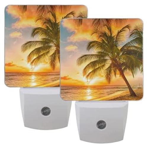 Led Night Light Tropical Beach Palm Tree Sunset, Auto Senor Dusk to Dawn Night Light Plug in for Kids Baby Girls Boys Adults Room