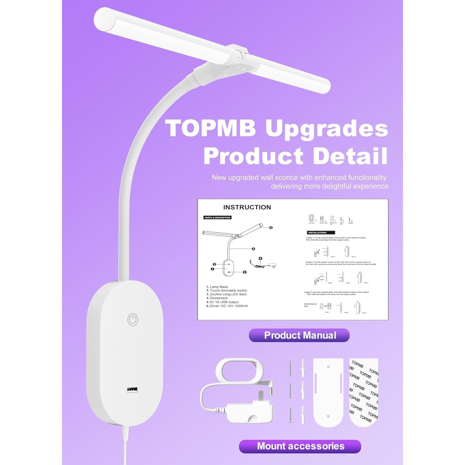 Lámpara de Lectura Montada en Pared TOPMB con 2 Cabezas LED
