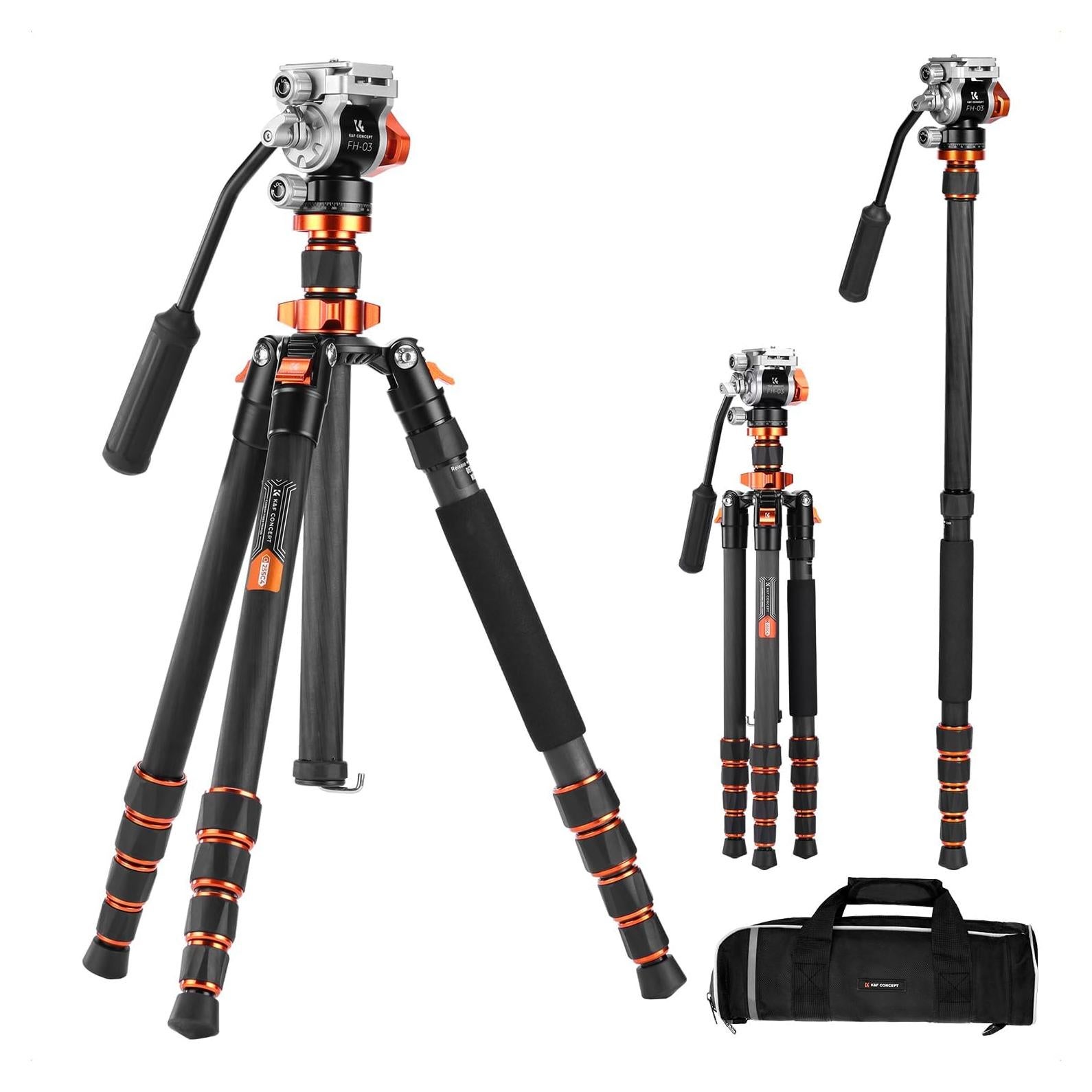 Trípode K&F Concept de fibra de carbono 173 cm con cabezal fluido