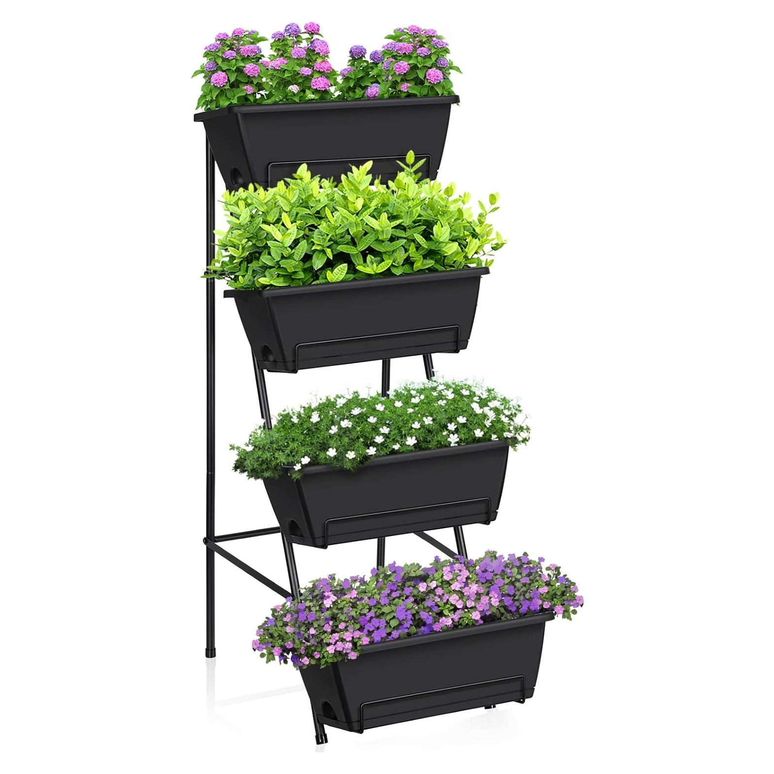 OYEAL Raised Garden Bed 4 Tier Vertical Garden Planter Indoor Outdoor Raised Planter Box with Legs Elevated Herb Garden Planter for Flowers Vegetables Plants, Black