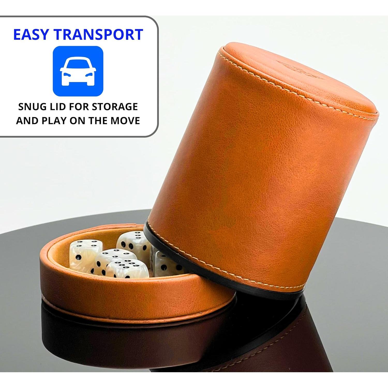 Taza de Dados de Cuero Luck Lab con Tapa y 6 Dados Perla