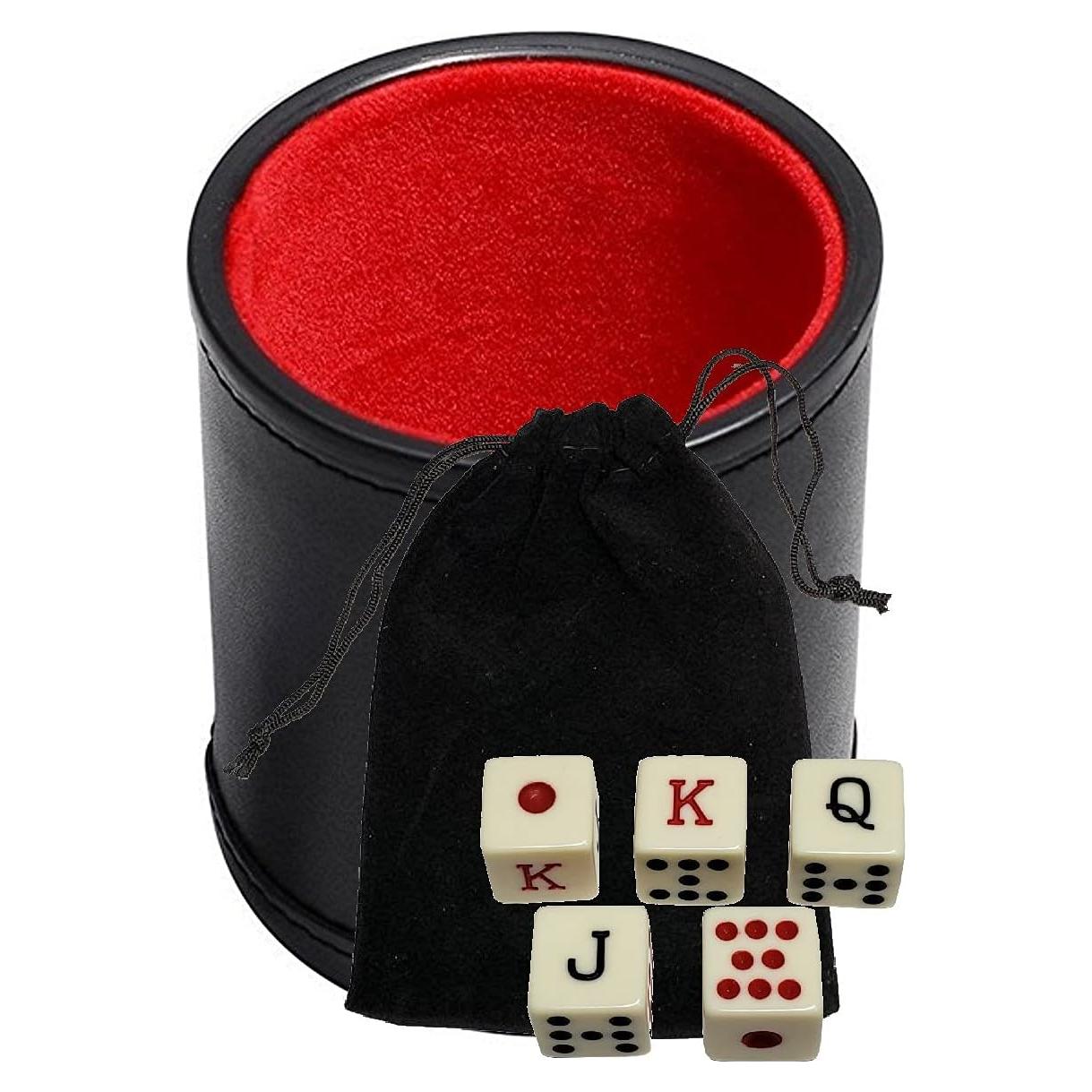 Copa de Dados de Cuero PU Negro con Fieltro Rojo y Dados