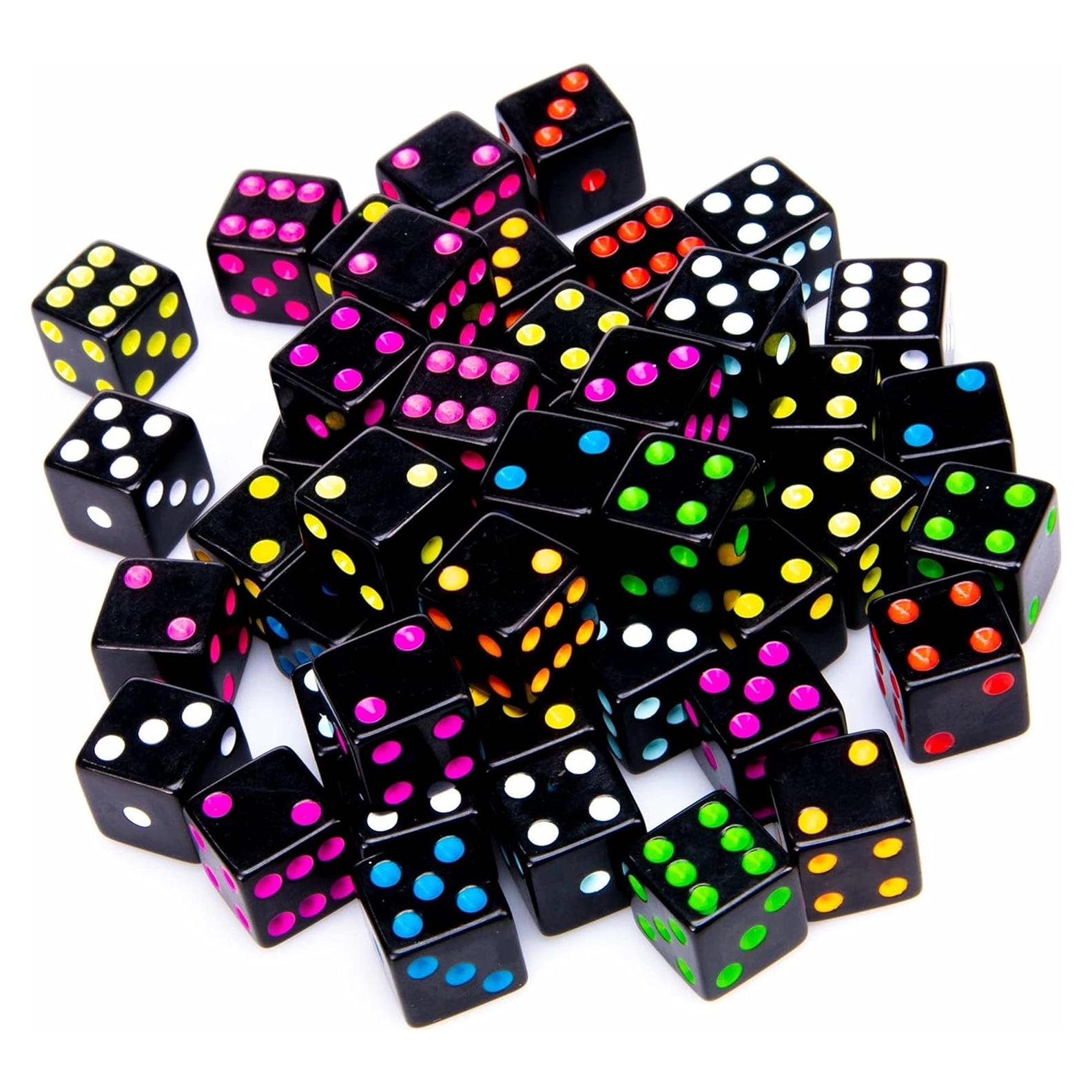 Blackout Dice, 50-Pack - 16 mm Bulk Six-Sided Square Piece Set with Colorful Neon Pips - Replacement Gaming Supplies - Extra Board Game Pieces and Retro Accessories