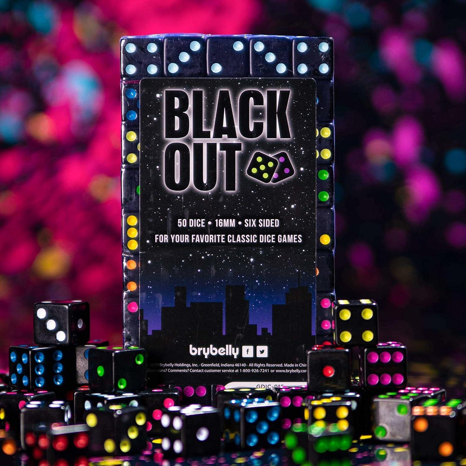 Blackout Dice, 50-Pack - 16 mm Bulk Six-Sided Square Piece Set with Colorful Neon Pips - Replacement Gaming Supplies - Extra Board Game Pieces and Retro Accessories
