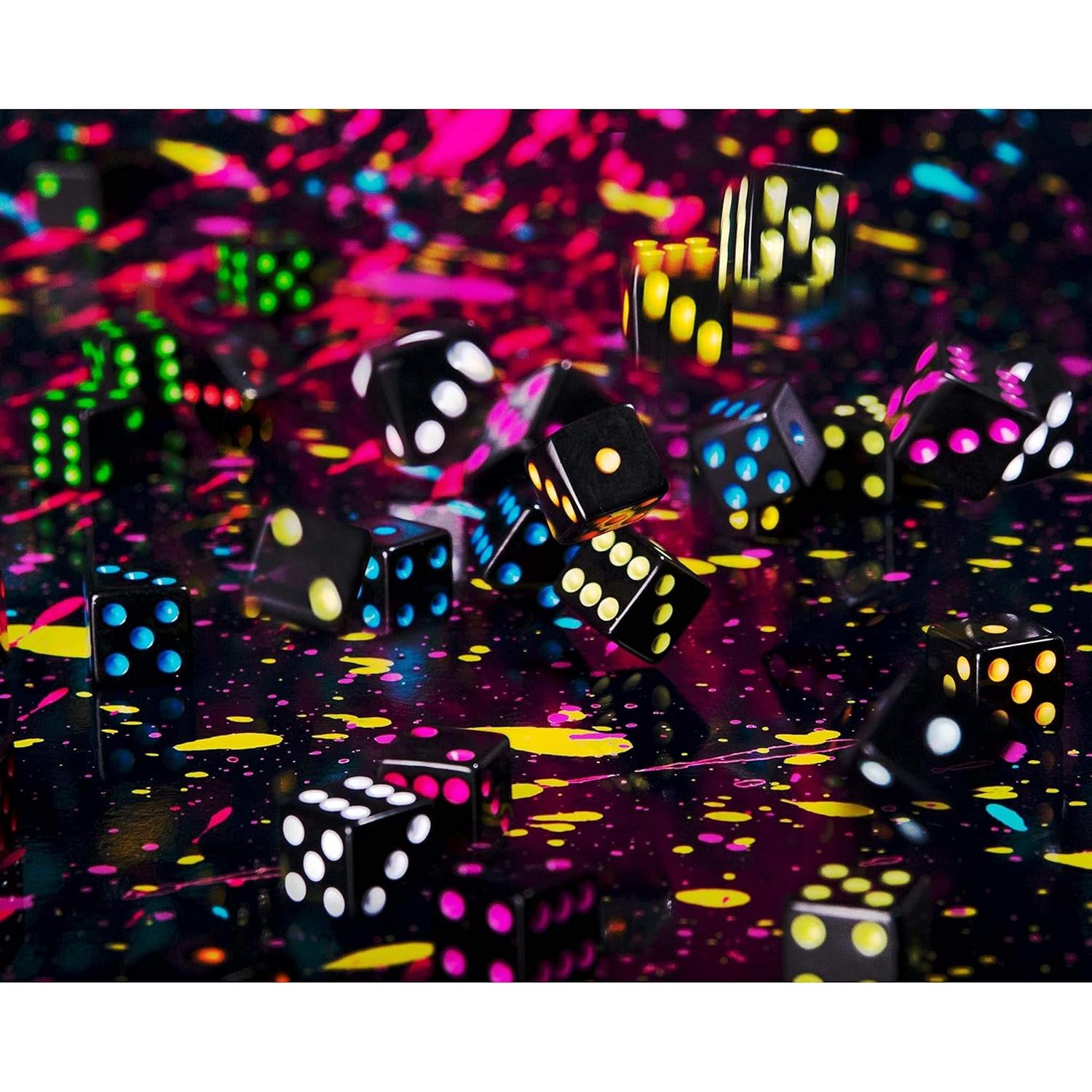 Blackout Dice, 50-Pack - 16 mm Bulk Six-Sided Square Piece Set with Colorful Neon Pips - Replacement Gaming Supplies - Extra Board Game Pieces and Retro Accessories
