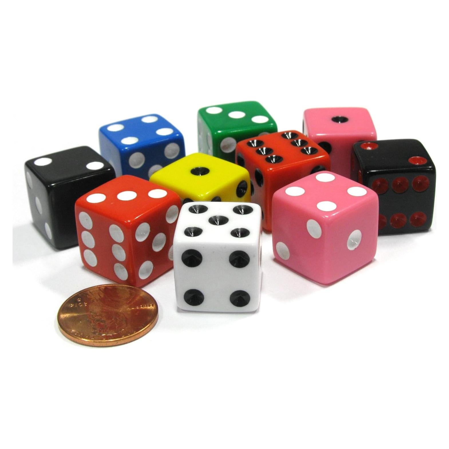 Koplow Games Set of 10 D6 16mm Assorted Dice-White Blue Green Yellow Pink(2) Black(2) Red(2)