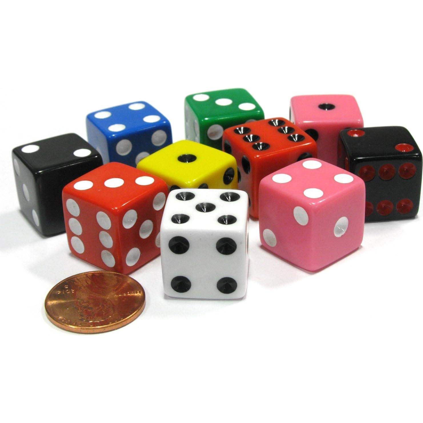 Koplow Games Set of 10 D6 16mm Assorted Dice-White Blue Green Yellow Pink(2) Black(2) Red(2)