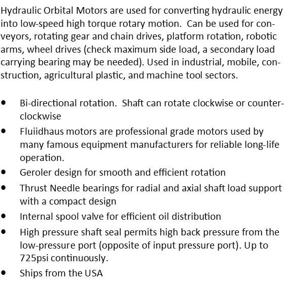 Motor Hidráulico Orbital Fluidhaus 100cc 1575in-lbs 550rpm