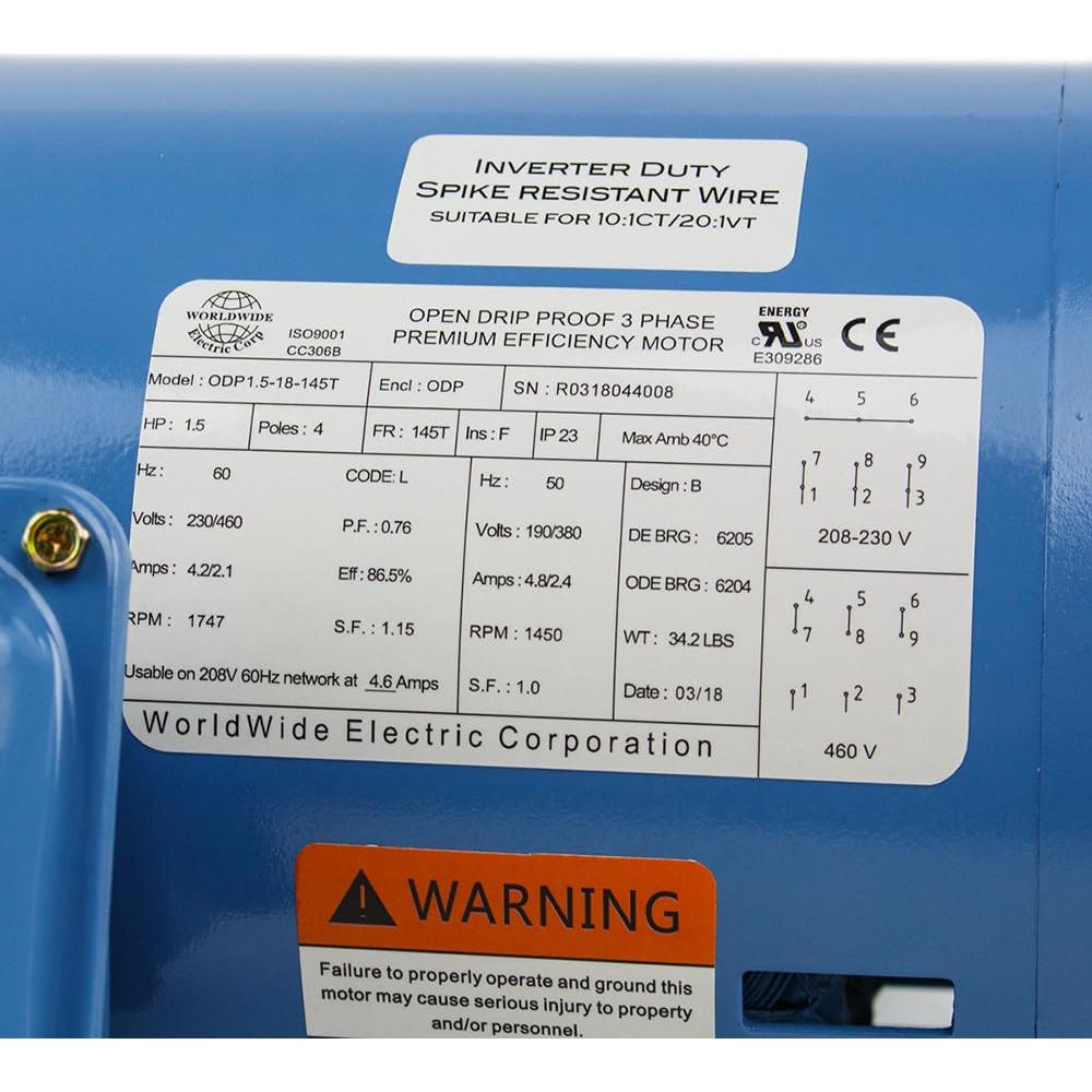 Motor Eléctrico 1.5 HP 3 Fases ODP Worldwide Electric 1800 RPM