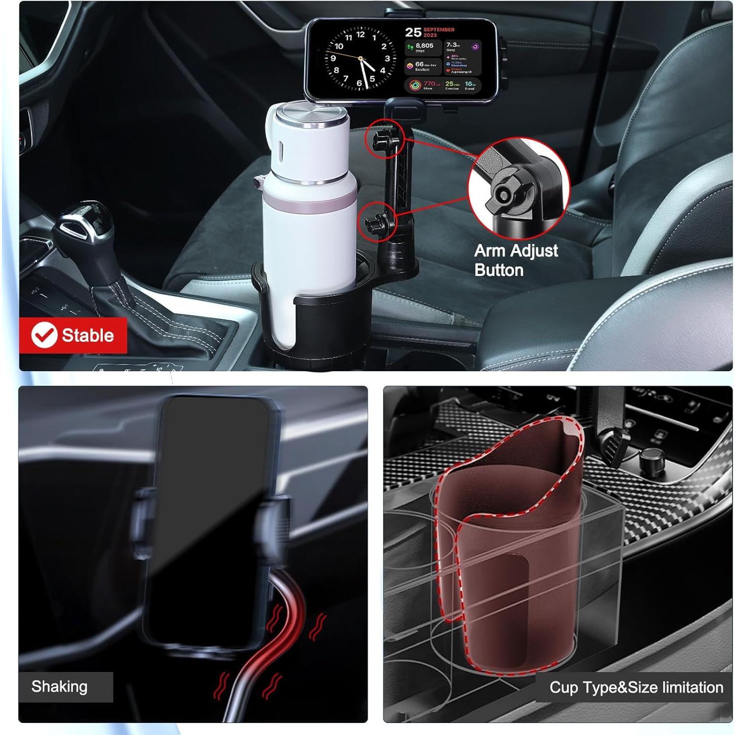 2 in 1 Phone Holder for Car with 360°Rotation & Long Arm Cup Holder Cell Phone Holder for Car Compatible with 4-7 inches Smartphones