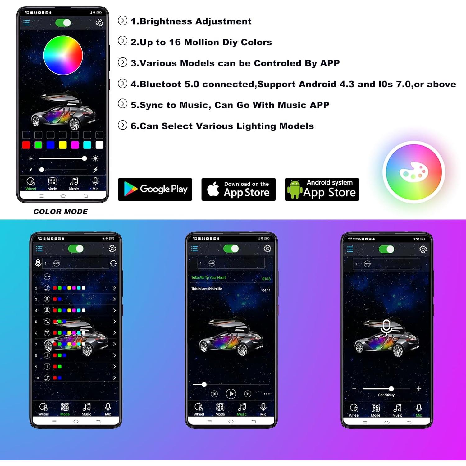 Kit de Luces LED Underglow YUGUANG RGB 4 Piezas 120cm 90cm