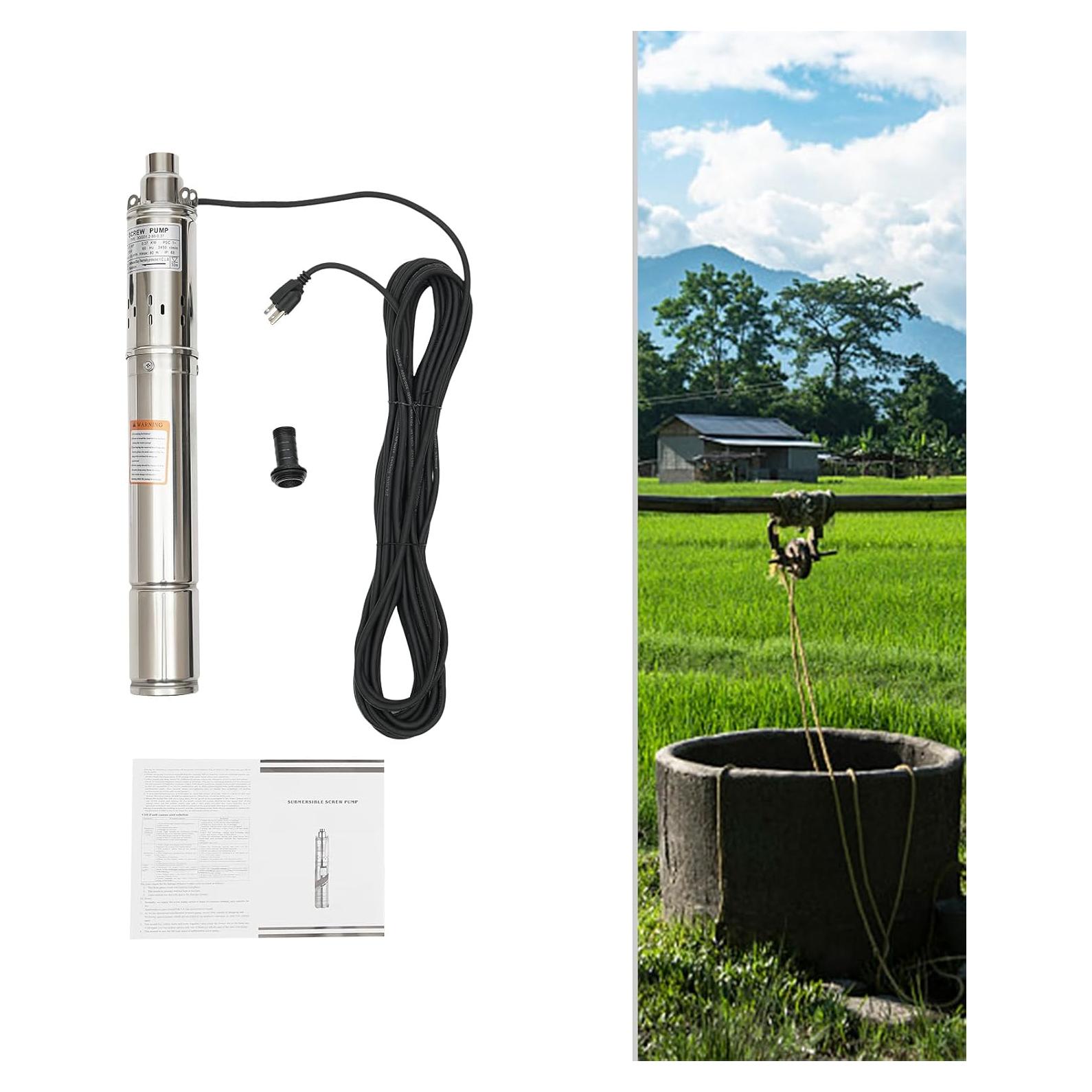 0.75KW 0.5HP 115V/60Hz Deep Well Submersible Pump, 3" Stainless Steel Water Pump with 49.21FT Electric Cord for Industrial, Irrigation & Home Use, IP68 Waterproof Grade, Max. Flow Rate: 2.5m³/h
