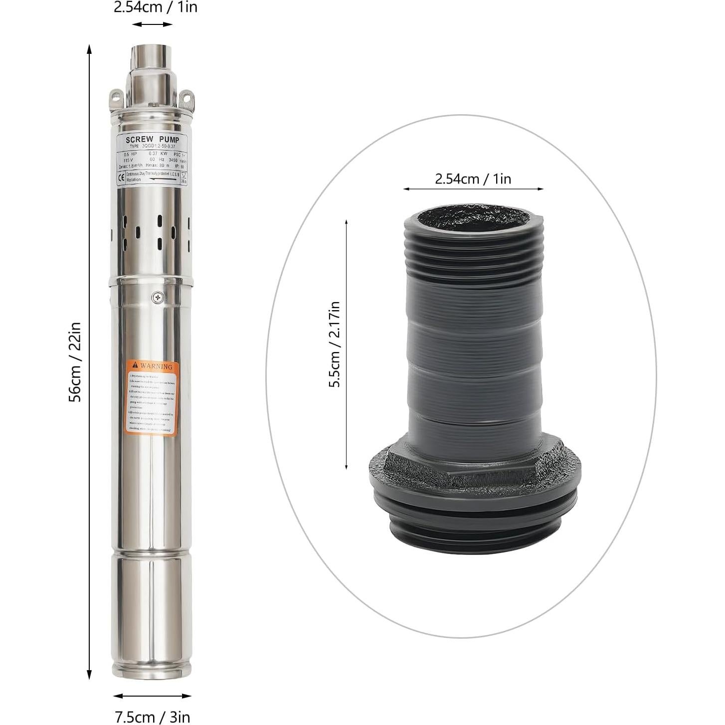 0.75KW 0.5HP 115V/60Hz Deep Well Submersible Pump, 3" Stainless Steel Water Pump with 49.21FT Electric Cord for Industrial, Irrigation & Home Use, IP68 Waterproof Grade, Max. Flow Rate: 2.5m³/h