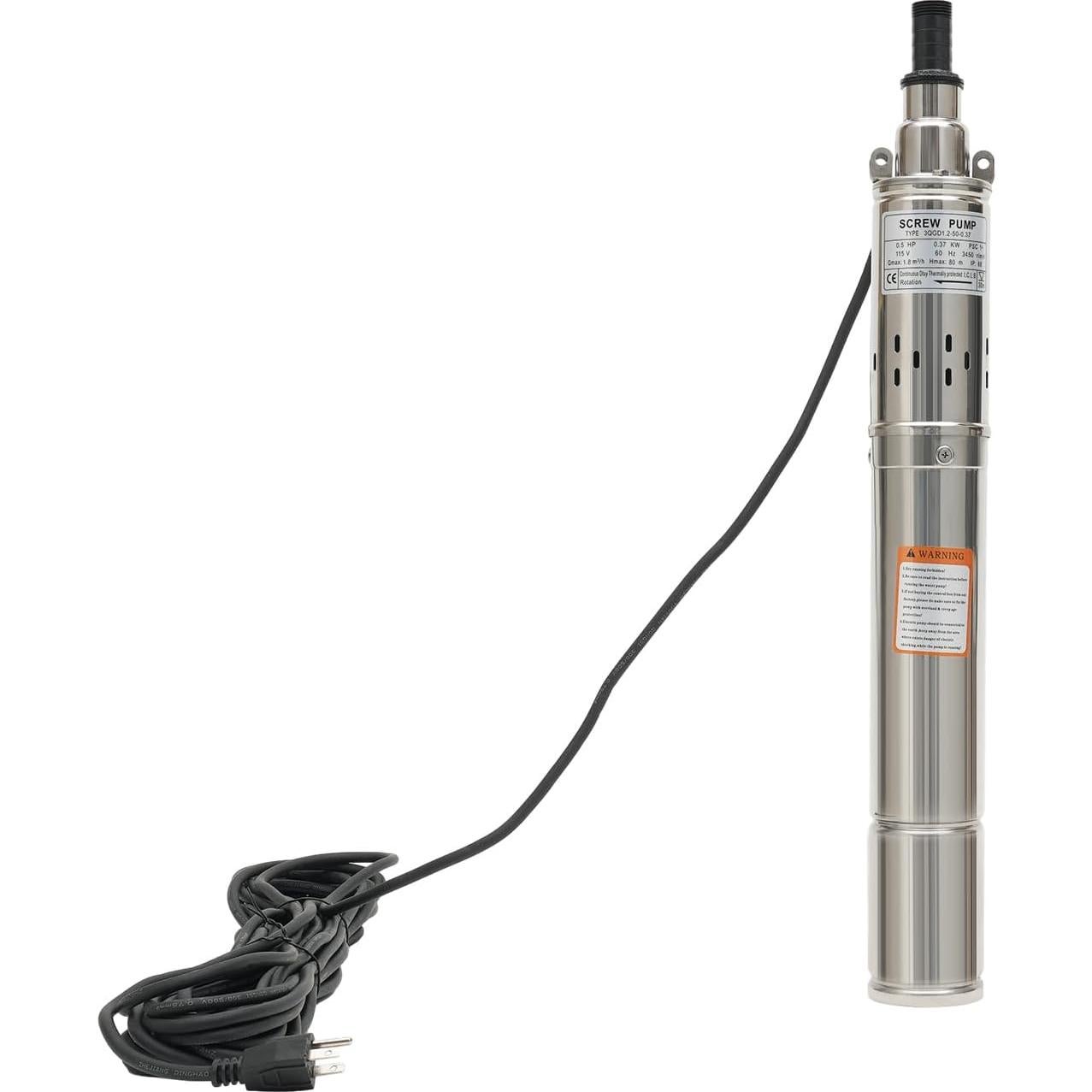 0.75KW 0.5HP 115V/60Hz Deep Well Submersible Pump, 3" Stainless Steel Water Pump with 49.21FT Electric Cord for Industrial, Irrigation & Home Use, IP68 Waterproof Grade, Max. Flow Rate: 2.5m³/h