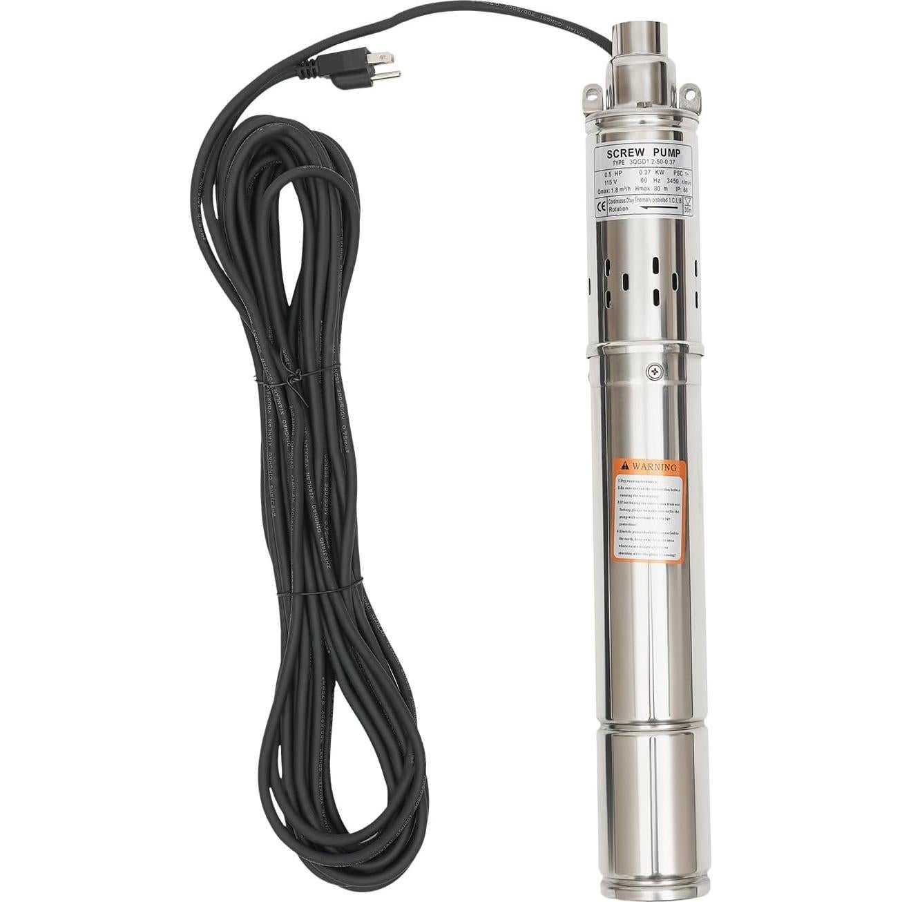 0.75KW 0.5HP 115V/60Hz Deep Well Submersible Pump, 3" Stainless Steel Water Pump with 49.21FT Electric Cord for Industrial, Irrigation & Home Use, IP68 Waterproof Grade, Max. Flow Rate: 2.5m³/h