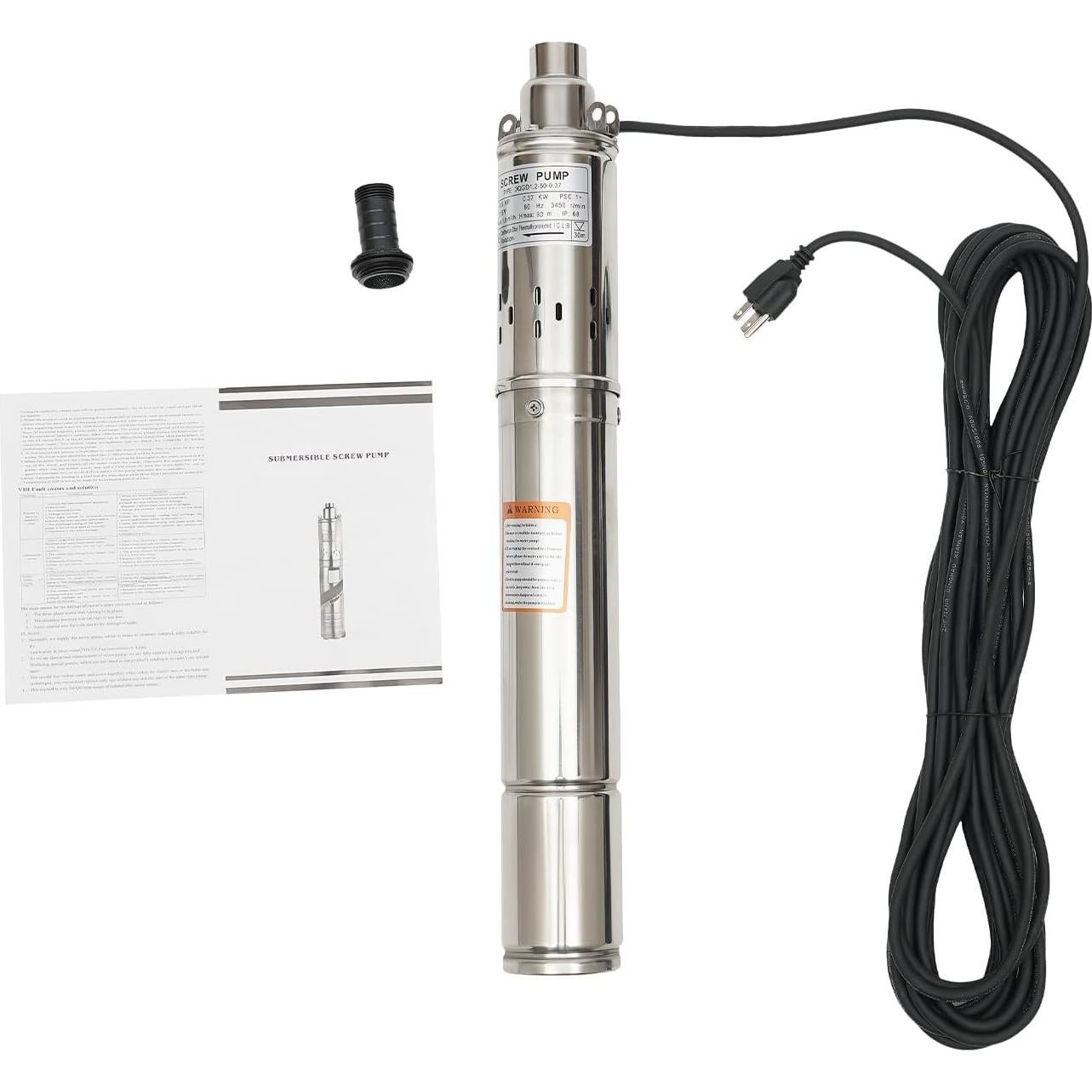 0.75KW 0.5HP 115V/60Hz Deep Well Submersible Pump, 3" Stainless Steel Water Pump with 49.21FT Electric Cord for Industrial, Irrigation & Home Use, IP68 Waterproof Grade, Max. Flow Rate: 2.5m³/h