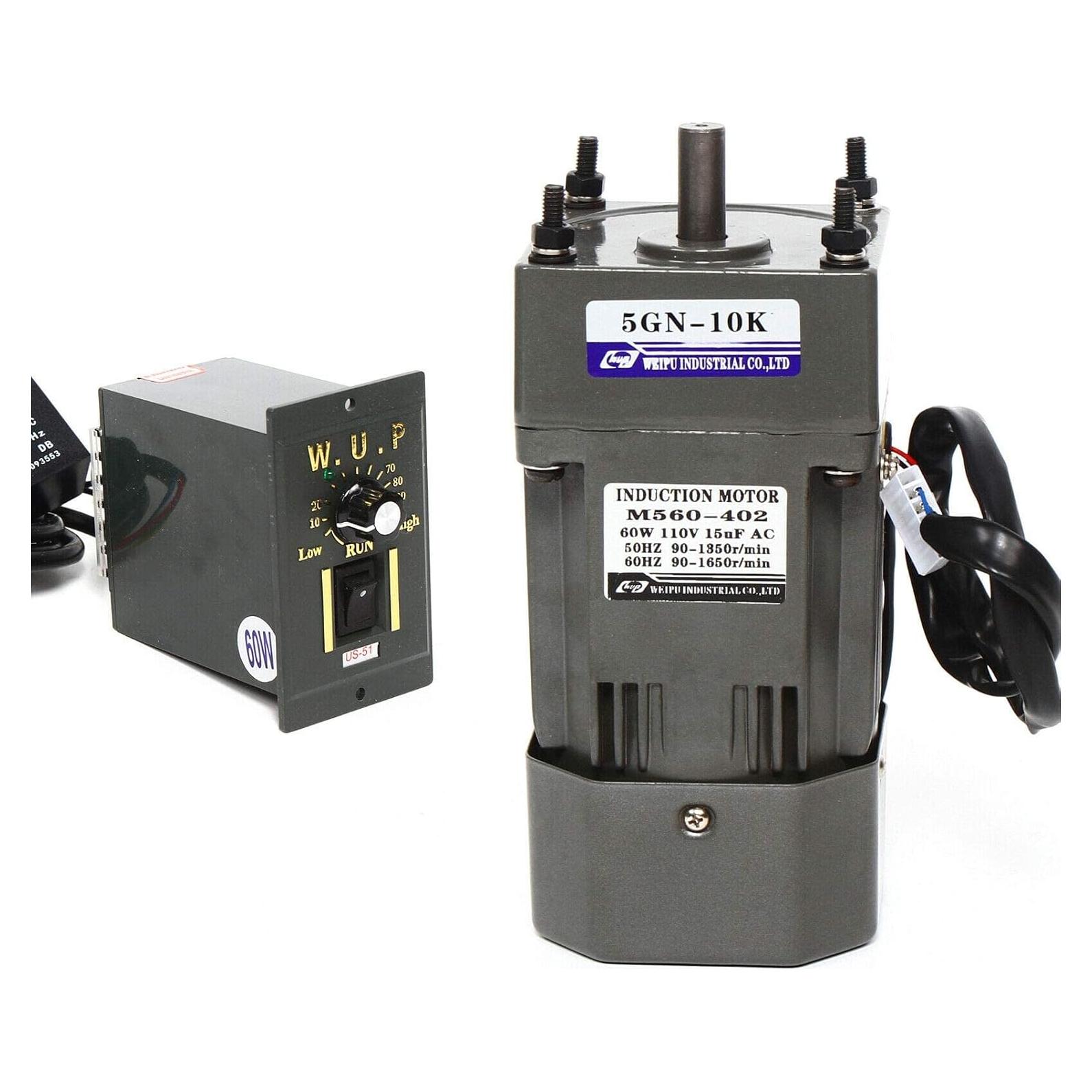 AC High Torque Motor, 110V 60W Electric Single-Phase Motor Reversible Motor with Variable Speed Adjustable Controller Governor Geared Motor 0-135 RPM 1:10 (60W 10K)
