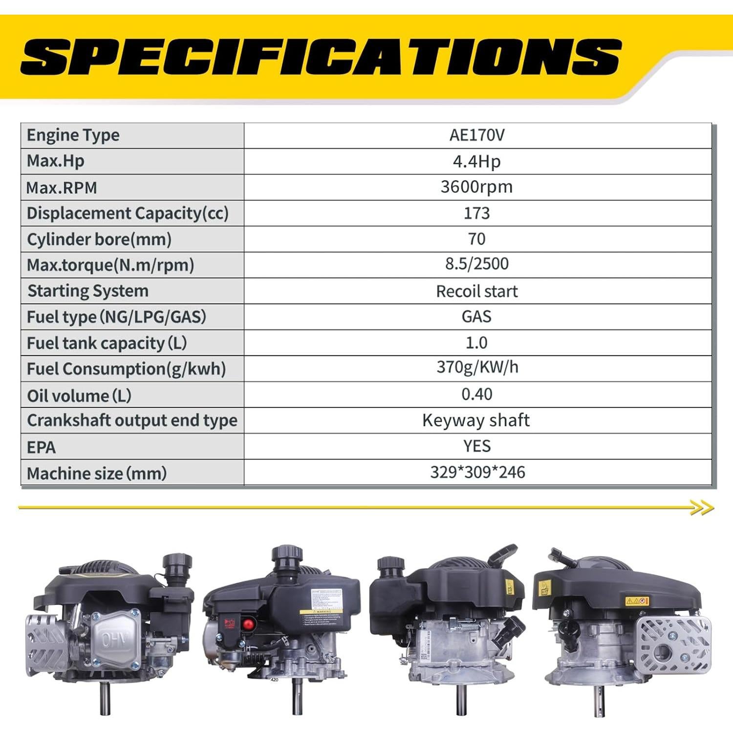 Motor de Gas Aceup Energy 4.4HP 173cc 4 Tiempos para Cortacésped