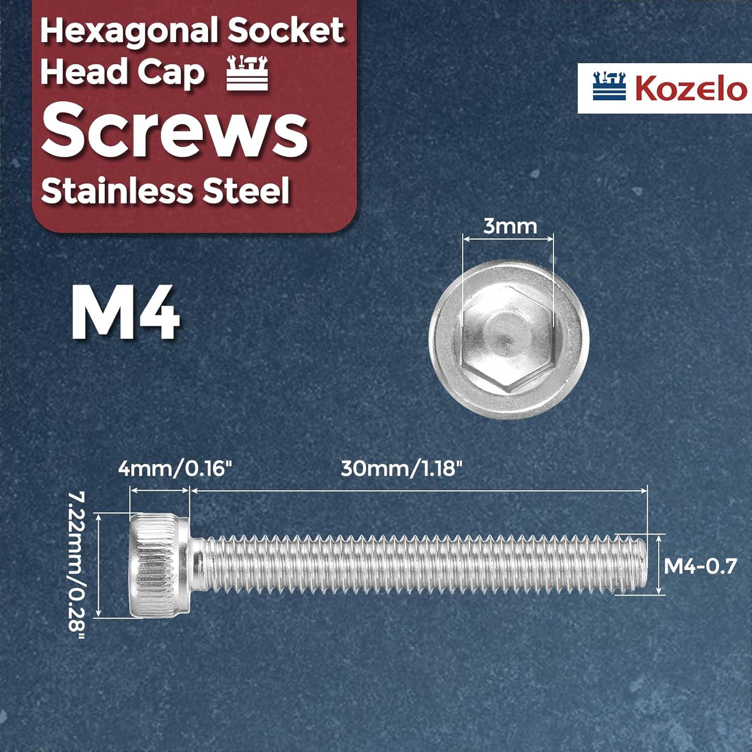 50 Tornillos Hexagonales M4-0.7 x 30mm Acero Inoxidable Kozelo