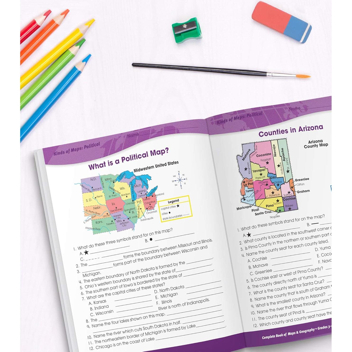 Complete Book of Maps and Geography Workbook, Global Geography for Kids Grades 3-6, United States Geography and Regions, Map Skills, Time Zones, Oceans