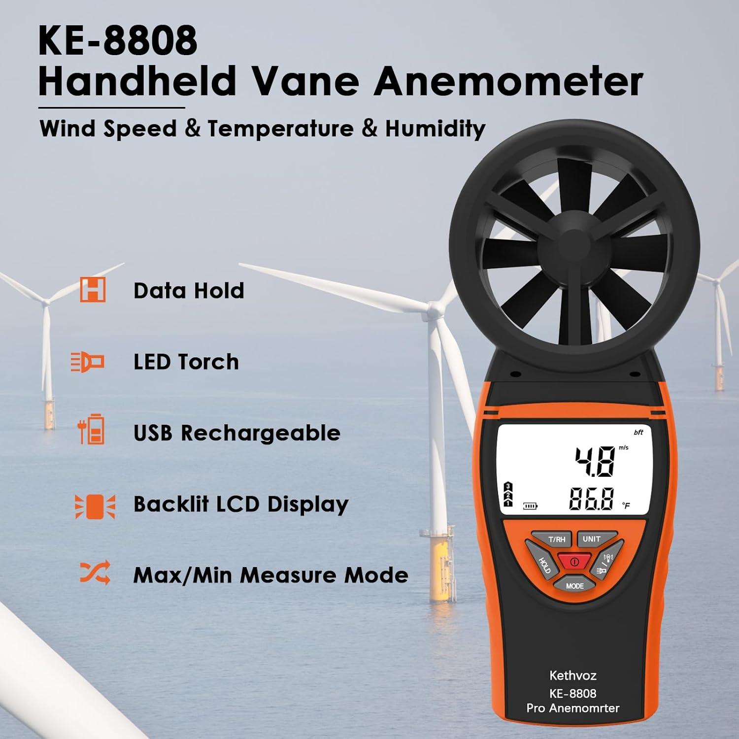Anemómetro Digital Kethvoz KE-8808 - Medidor de Viento 0.3-30m/s
