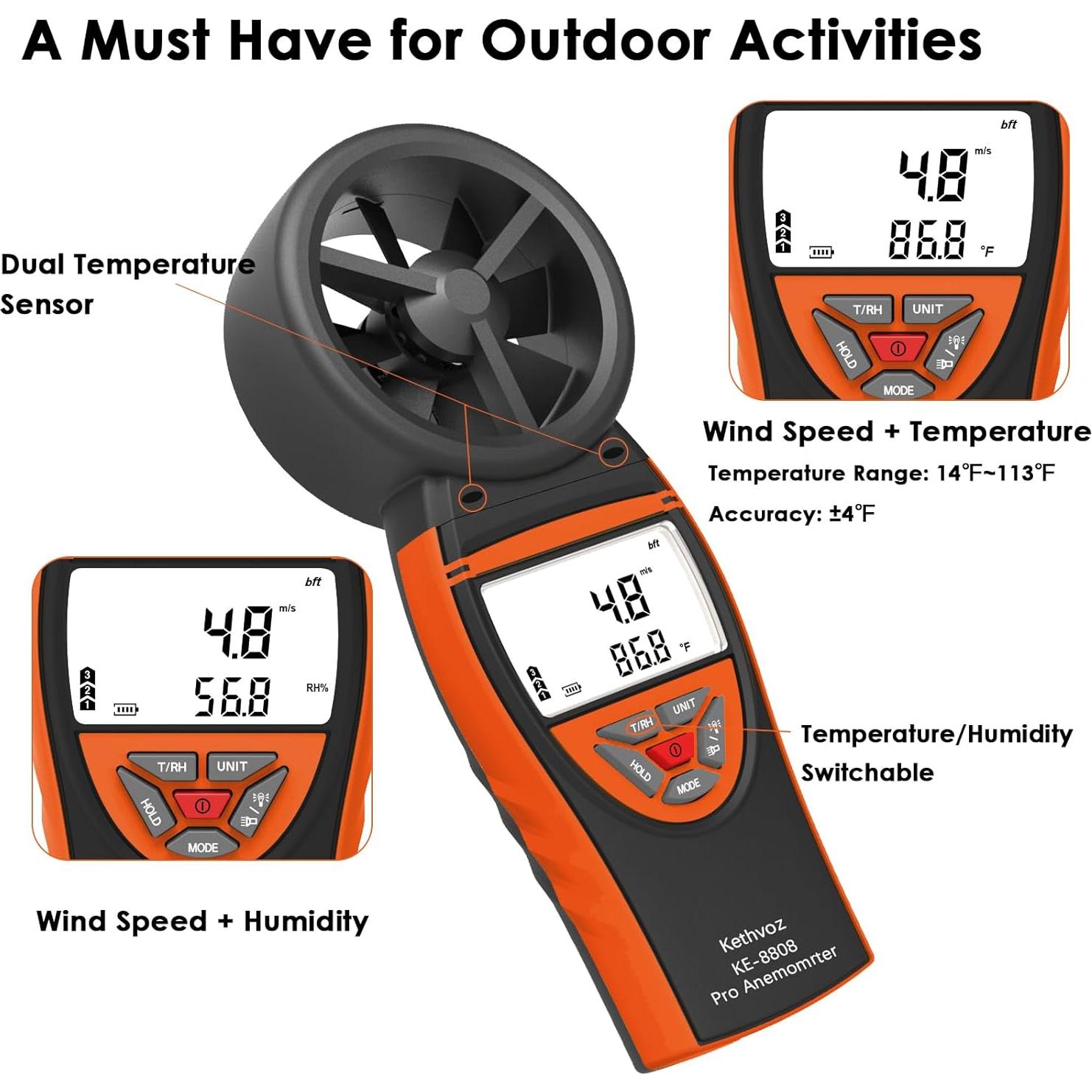 Anemómetro Digital Kethvoz KE-8808 - Medidor de Viento 0.3-30m/s