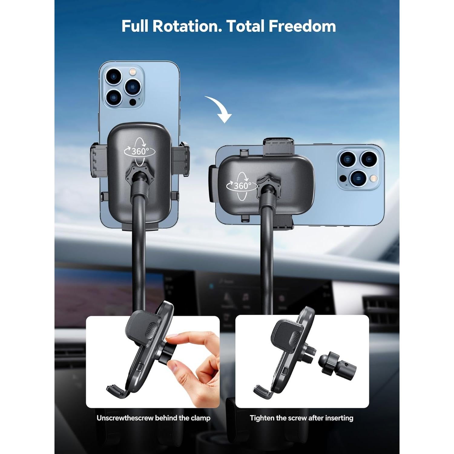 Stable Cup Phone Holder for Your Car, Universal Car Cup Cell Phone Holder for Car Mount Adjustable Gooseneck Cup Holder Cradle 360° Rotation for iPhone, Samsung, Google, All Smartphone Car Accessories