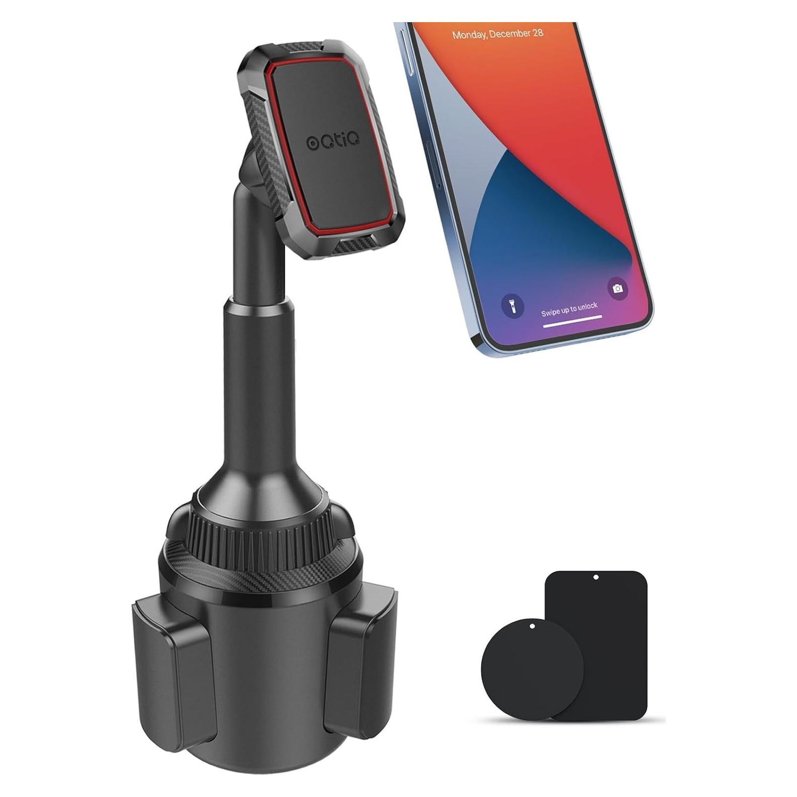 OQTIQ Magnetic Phone Cup Holder for Car - Adjustable Height & Multi-Angle - One-Hand Operation - Compatible with Samsung, Google, & More - Black, Not for MagSafe
