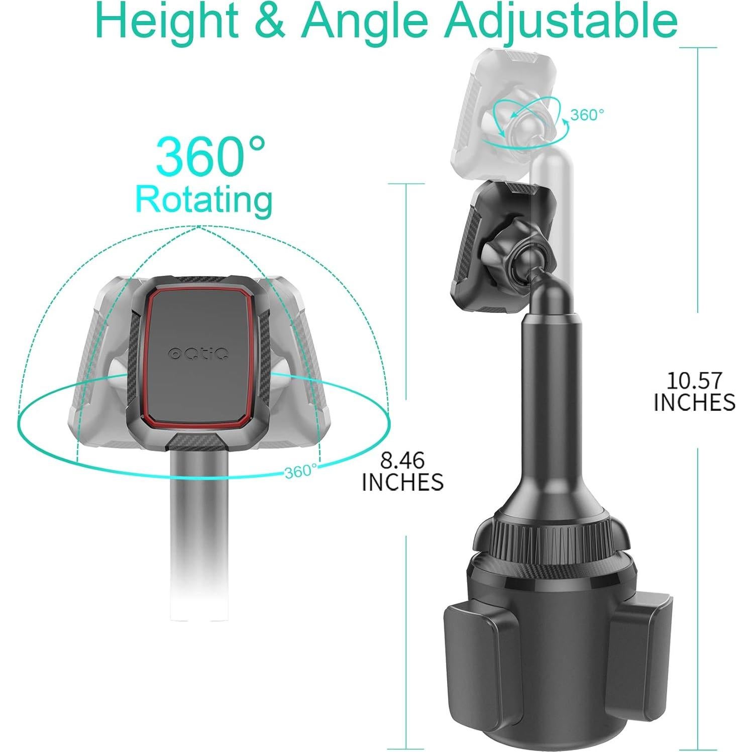OQTIQ Magnetic Phone Cup Holder for Car - Adjustable Height & Multi-Angle - One-Hand Operation - Compatible with Samsung, Google, & More - Black, Not for MagSafe