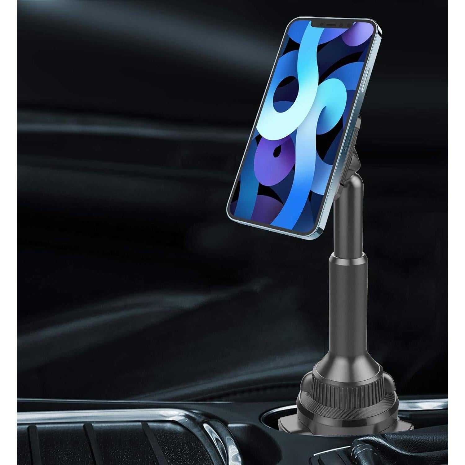 OQTIQ Magnetic Phone Cup Holder for Car - Adjustable Height & Multi-Angle - One-Hand Operation - Compatible with Samsung, Google, & More - Black, Not for MagSafe