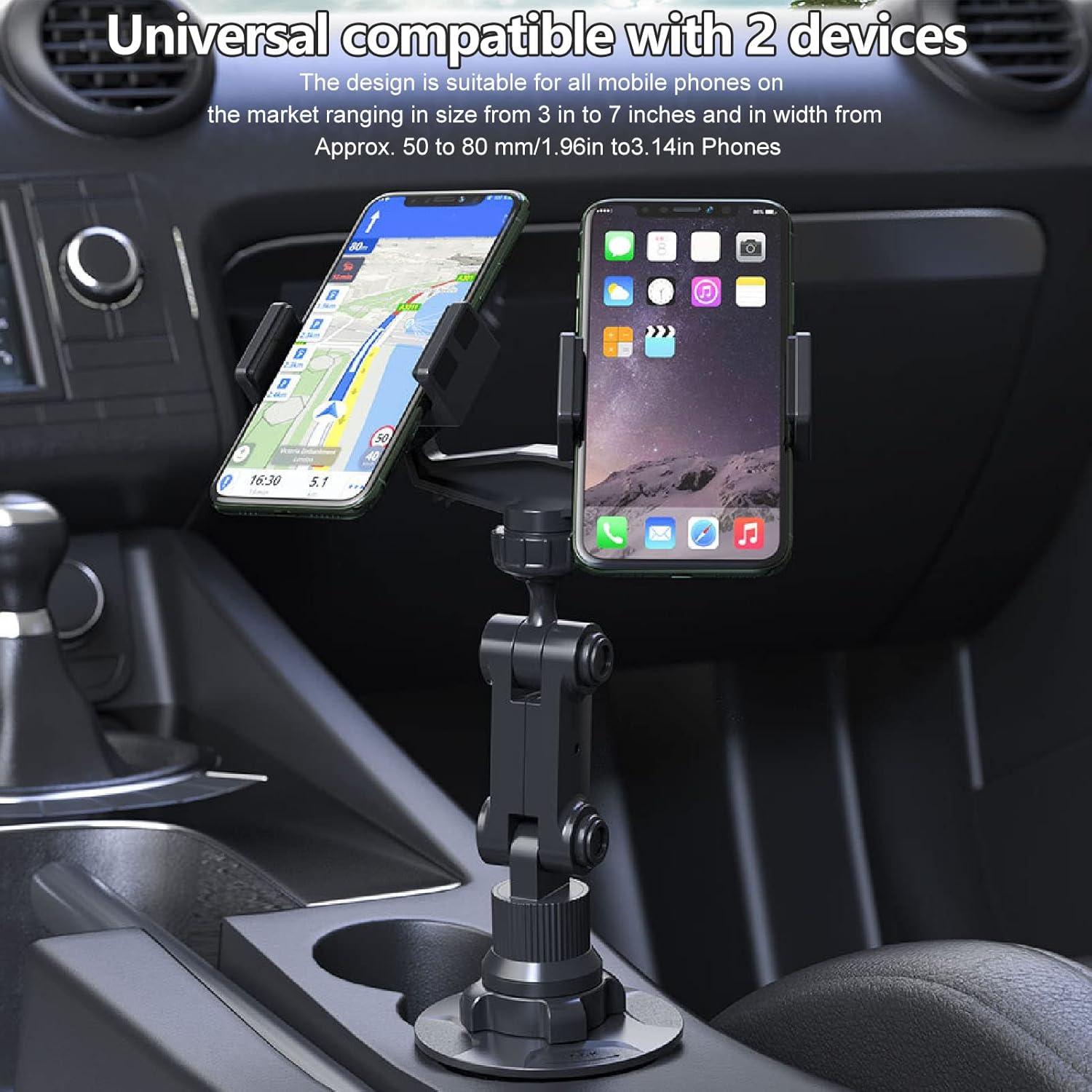 Diyeeni Dual Cup Phone Holder for Car, Universal Car Cup Phone Mount, with 360° Adjustable Holder, Cell Phone Automobile for 7 8 11 12 13 for Pro for XS for