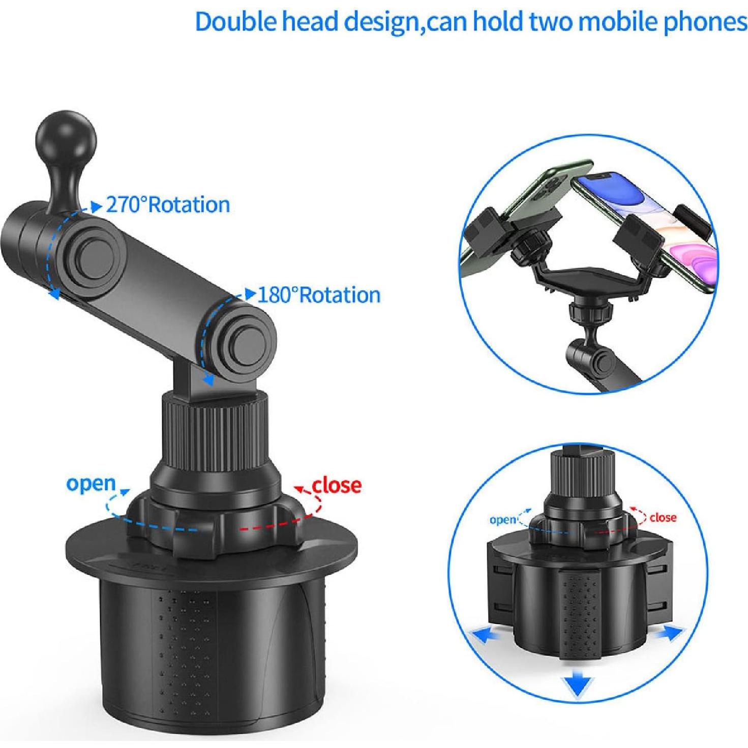 Diyeeni Dual Cup Phone Holder for Car, Universal Car Cup Phone Mount, with 360° Adjustable Holder, Cell Phone Automobile for 7 8 11 12 13 for Pro for XS for