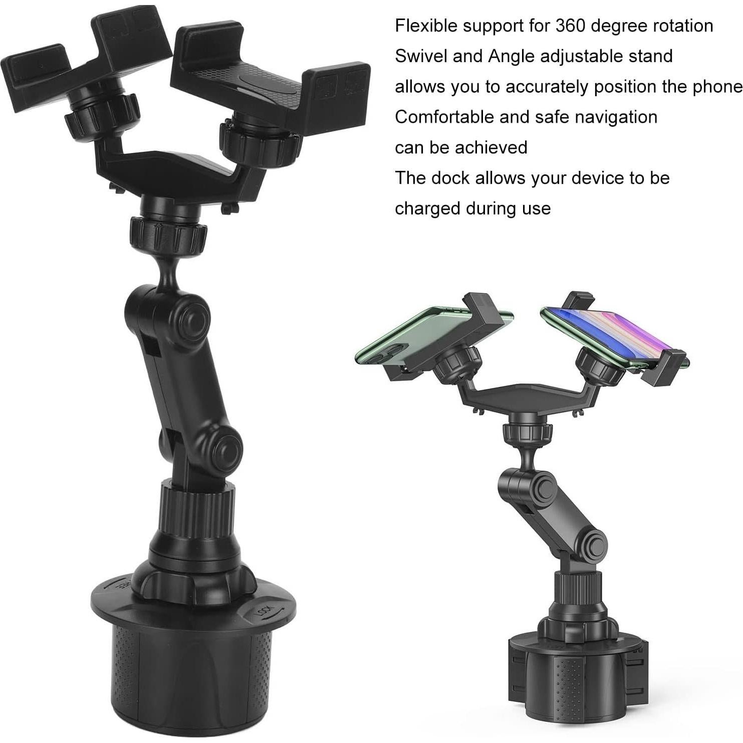 Diyeeni Dual Cup Phone Holder for Car, Universal Car Cup Phone Mount, with 360° Adjustable Holder, Cell Phone Automobile for 7 8 11 12 13 for Pro for XS for
