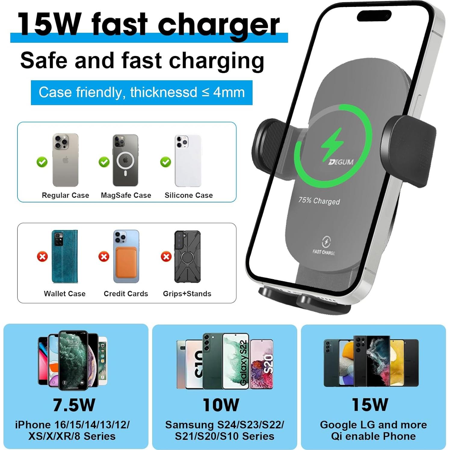 Cargador Inalámbrico para Auto DEGUM 15W Ajustable con Soporte