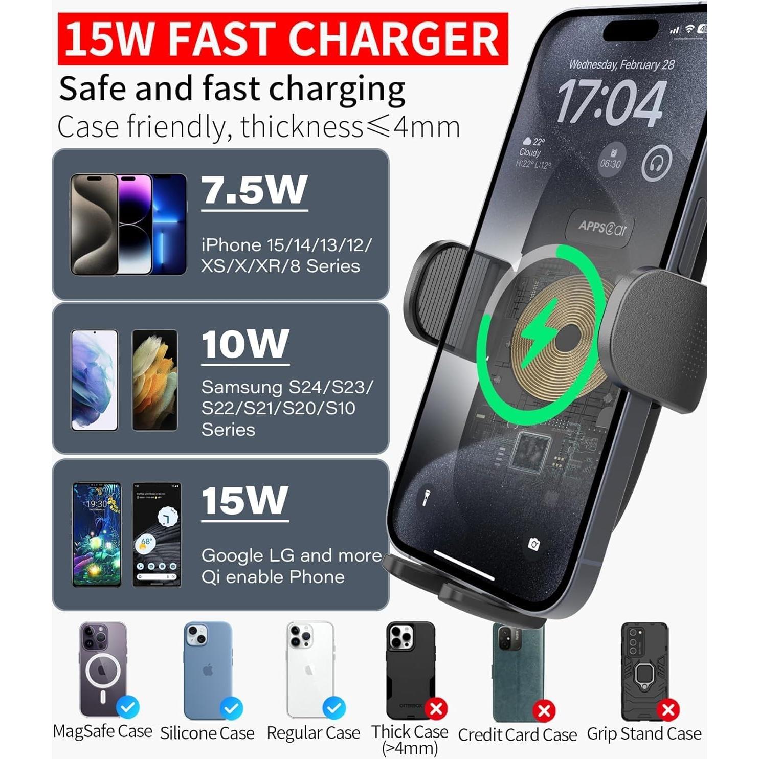 Soporte para teléfono en taza APPS2Car con cargador Qi 15W