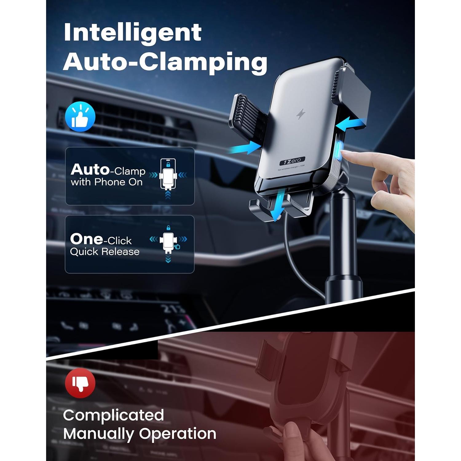 Soporte de teléfono para coche 1Zero con carga inalámbrica 15W
