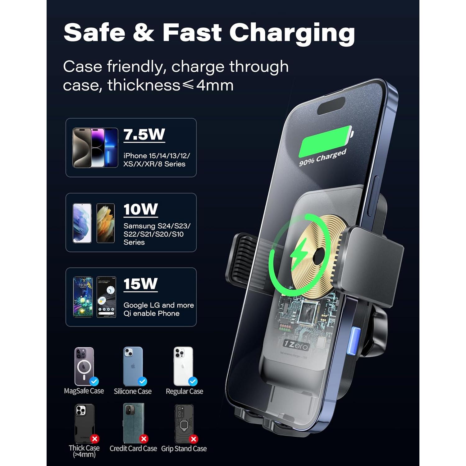 Soporte de teléfono para coche 1Zero con carga inalámbrica 15W