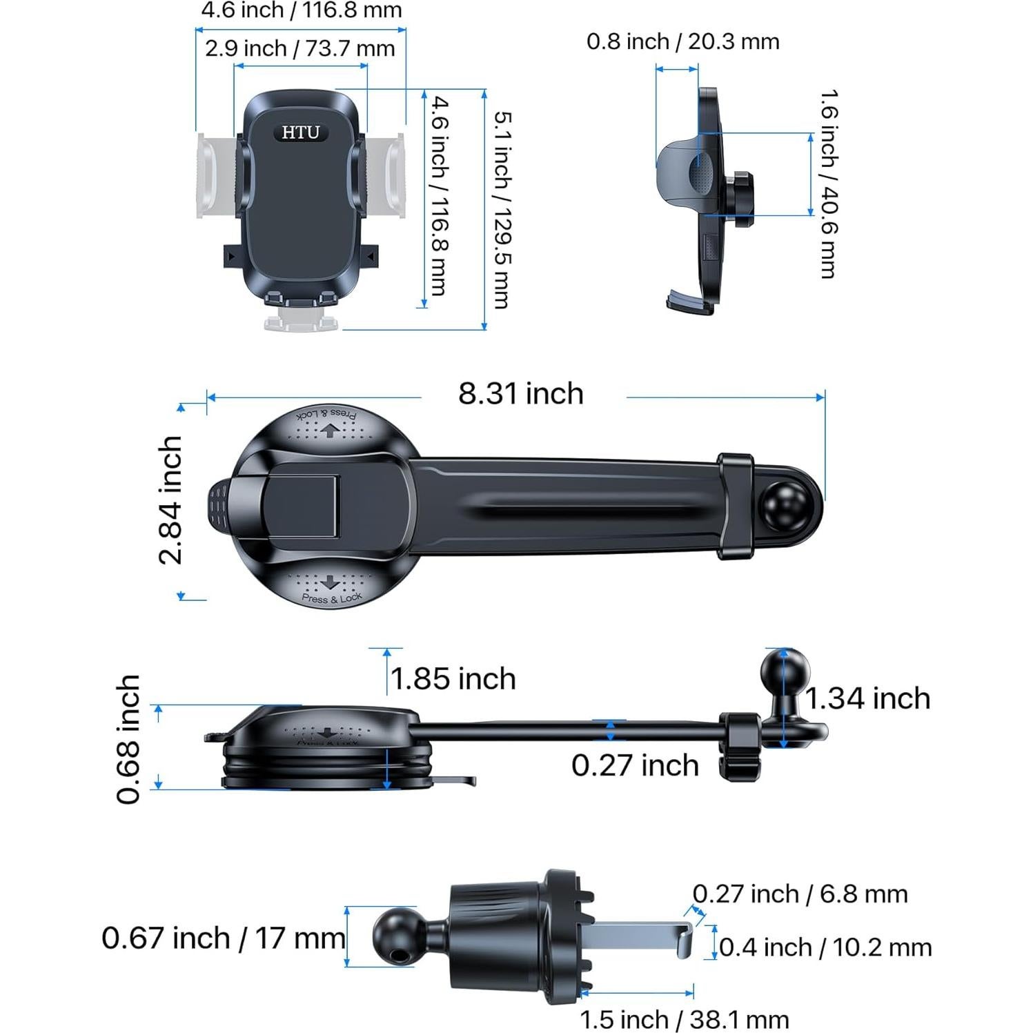 Soporte para Teléfono de Coche HTU 4 en 1 Negro - Alta Succión