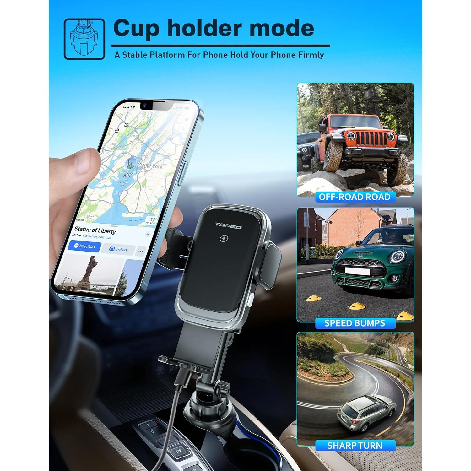 Soporte de teléfono para taza TOPGO con cargador inalámbrico 15W