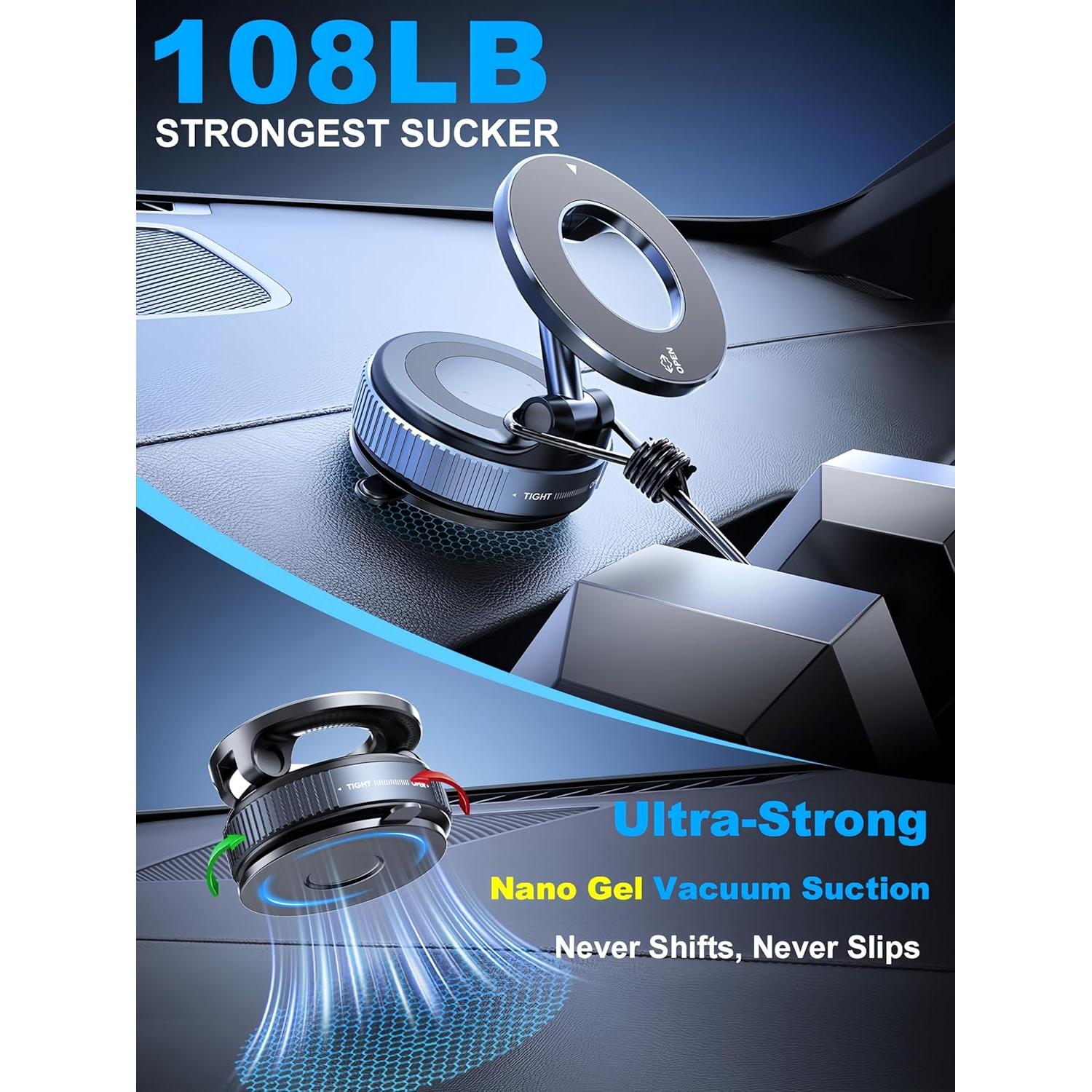 Upgraded 360° Nano Gel Vacuum Magnetic Phone Holder, Car Phone Holder for Magsafe[108+LBS Strongest Suction & 3000gf Strongest Magnetic], Suction Cup Phone Mount for Car/for iPhone 17 Pro Max