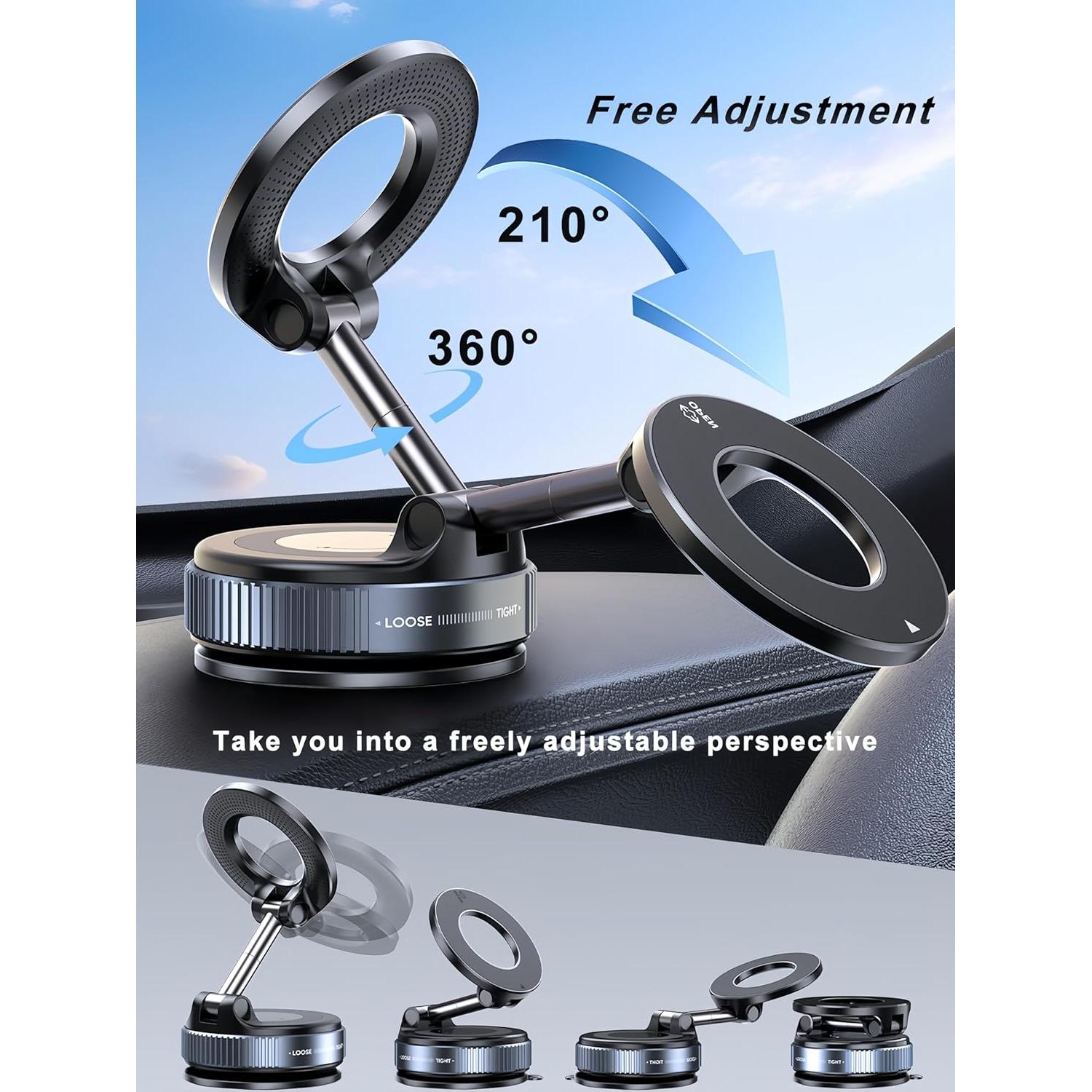 Upgraded 360° Nano Gel Vacuum Magnetic Phone Holder, Car Phone Holder for Magsafe[108+LBS Strongest Suction & 3000gf Strongest Magnetic], Suction Cup Phone Mount for Car/for iPhone 17 Pro Max