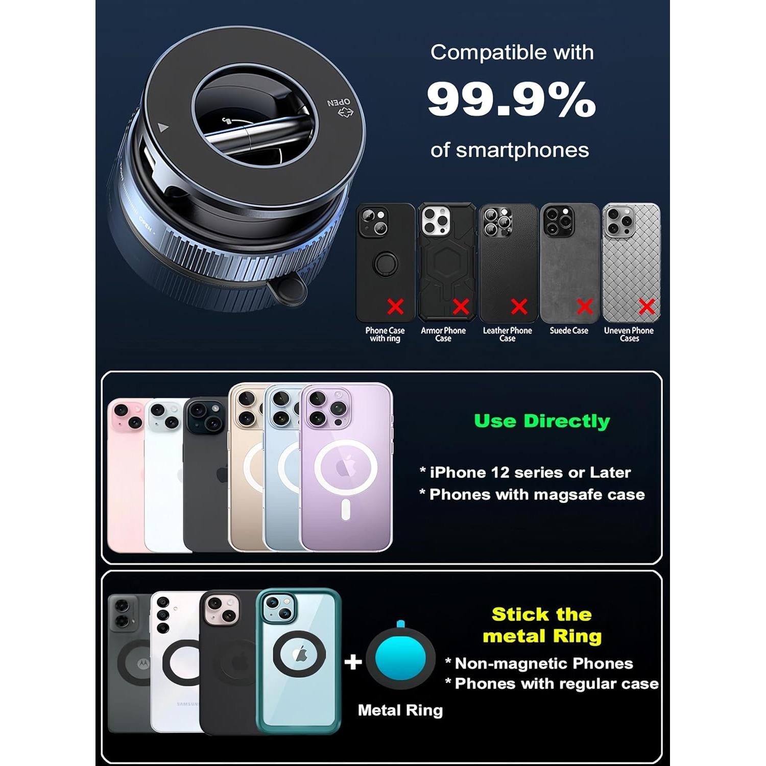 Upgraded 360° Nano Gel Vacuum Magnetic Phone Holder, Car Phone Holder for Magsafe[108+LBS Strongest Suction & 3000gf Strongest Magnetic], Suction Cup Phone Mount for Car/for iPhone 17 Pro Max