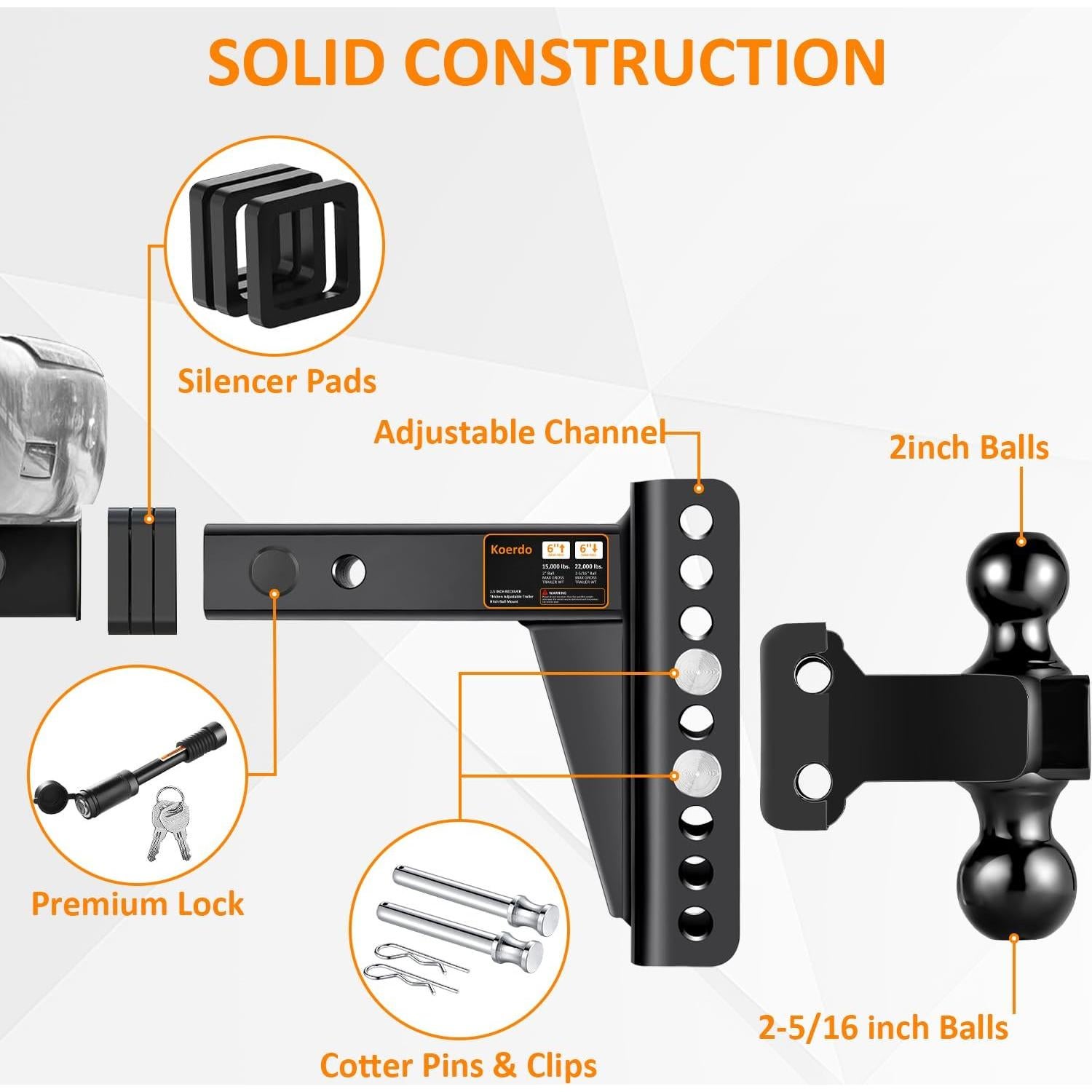 Enganche de Remolque Ajustable Koerdo 2.5" 6" Caída 22000 lbs