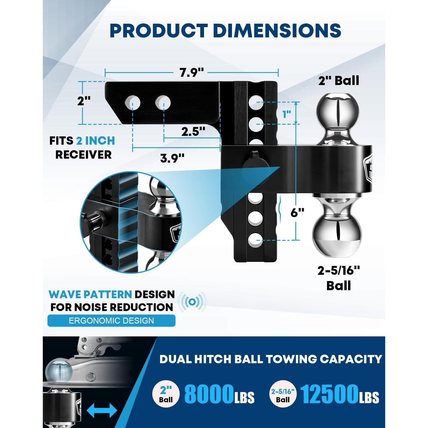 Enganche de Remolque Kohree Ajustable 6" Doble Bola 5,670 kg