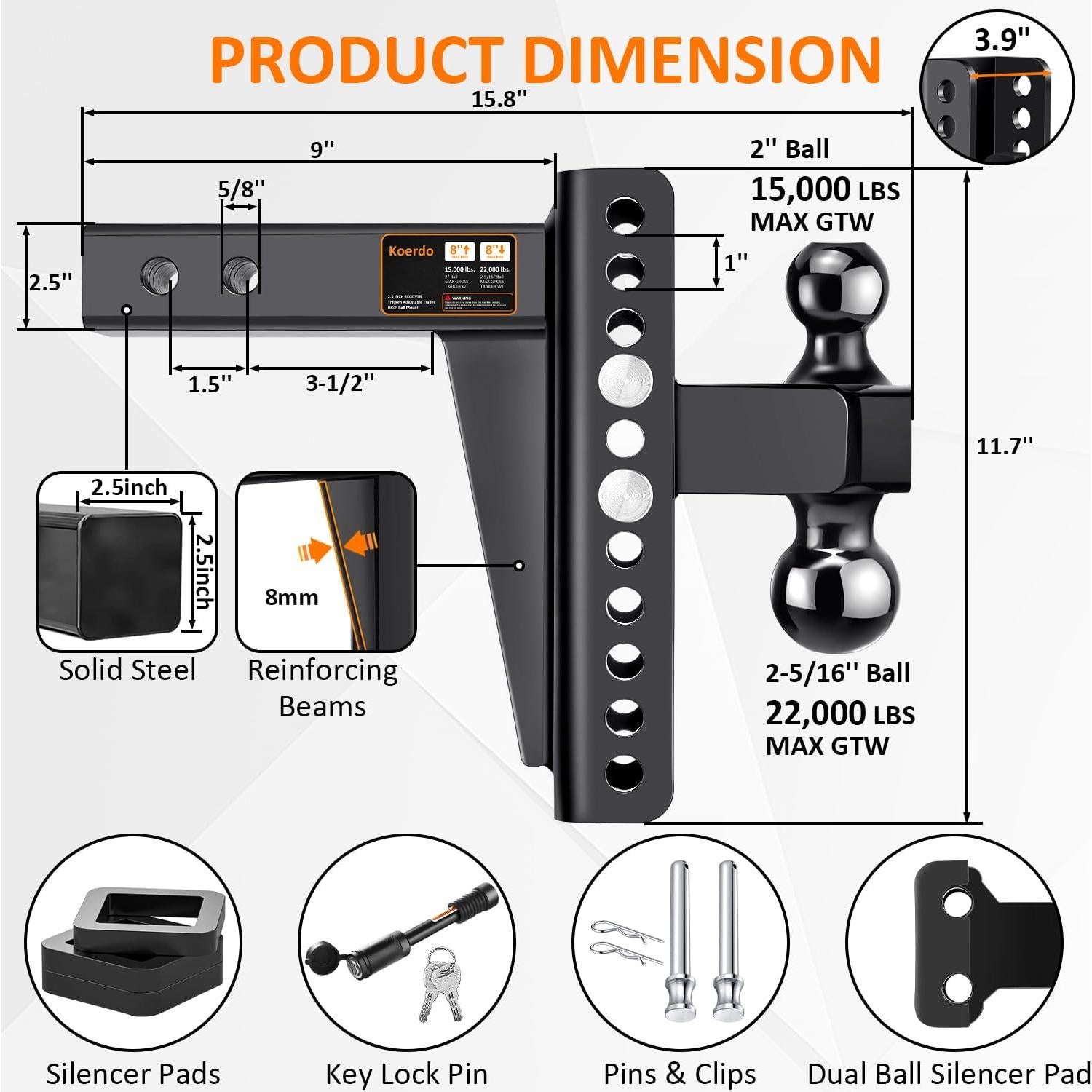 Enganche de Remolque Ajustable Koerdo 2.5" 22000 lbs