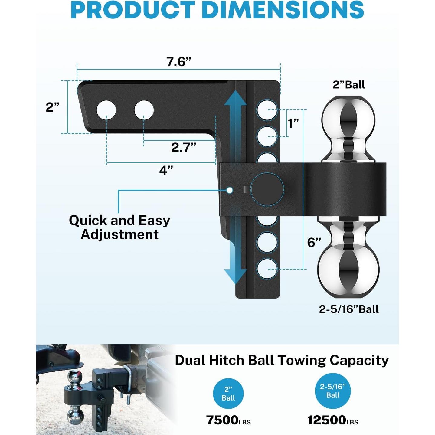 Enganche de Remolque Ajustable Kohree 6" Aluminio Doble Bola 5670 kg