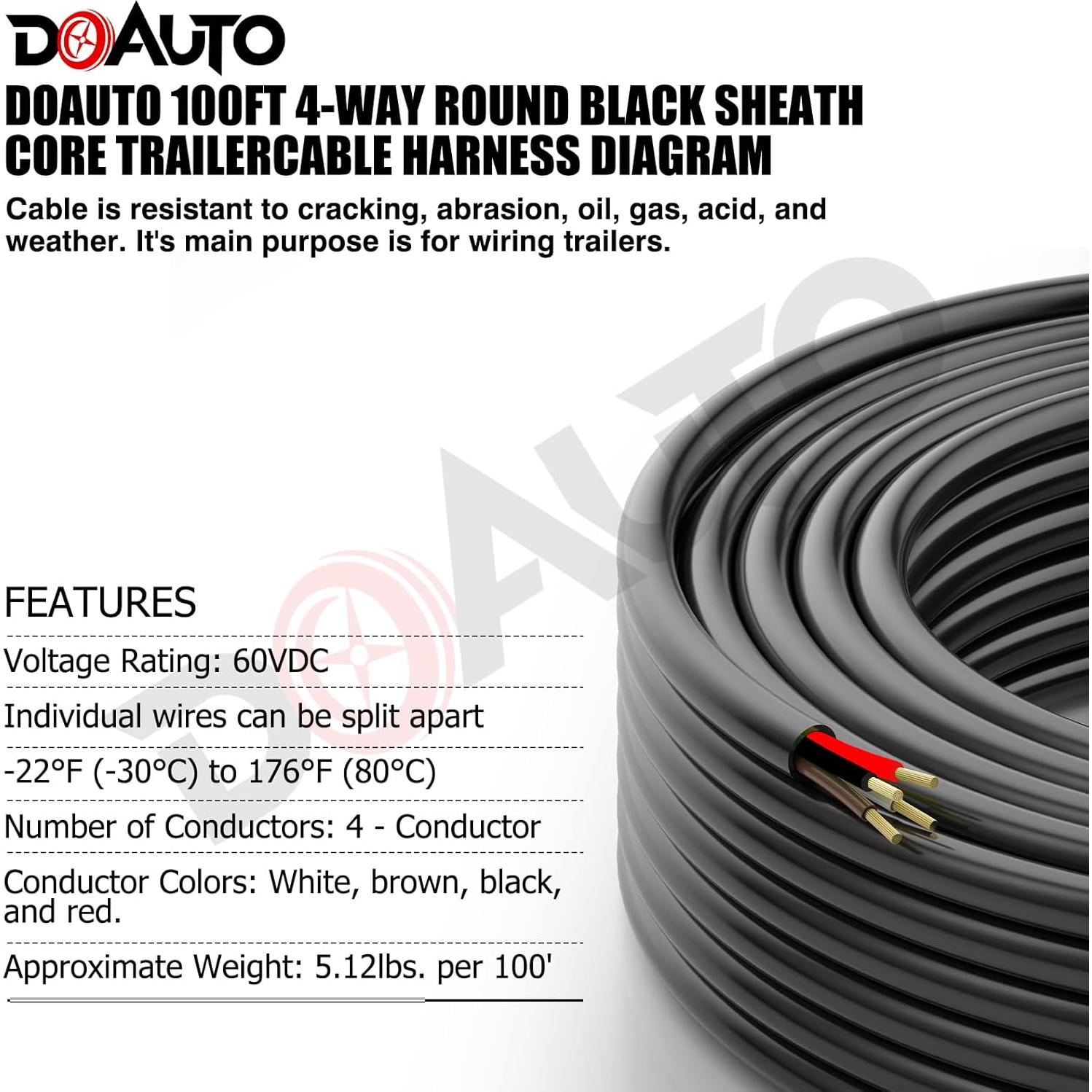 Cable de Conexión para Luz de Remolque DOAUTO 30.48m 4 Vías 14AWG