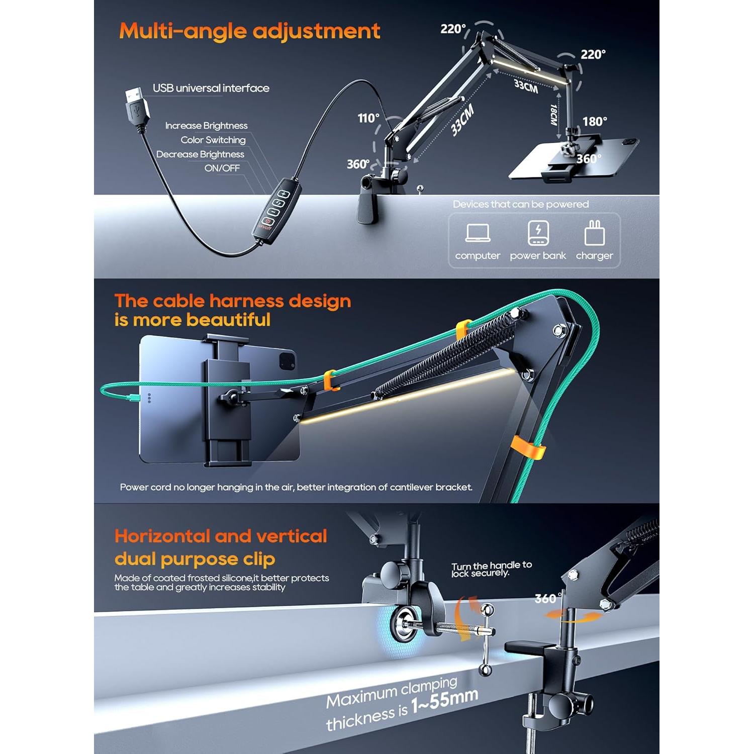 Universal Tablet Stand, Adjustable with Light, Compatible with iPad/iPhone/iPad Pro/N-Switch, or Other 4.513.5 Inches Devices (Black)