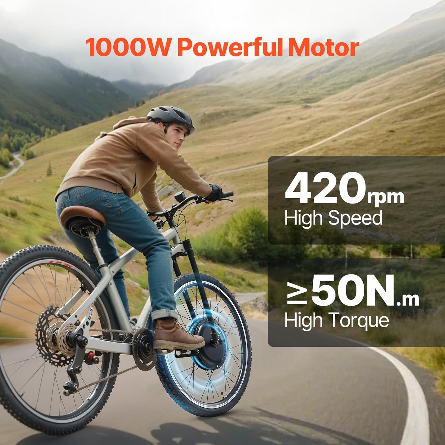VEVOR 1000W Electric Bike Conversion Kit, 48V 420rpm 26" Front Wheel E-Bike Hub Motor Kit with Upgraded Speed Controller, Throttle Grip Kit, LCD Display, and PAS System for Road Bike
